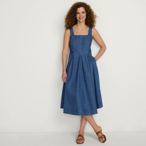Women's Creaseless Scoop Neck Smocked Midi Dress | Lands' End