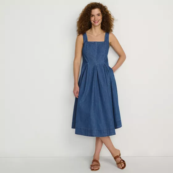 Women's Pleated Square Neck Light Weight Denim Midi Dress - primary