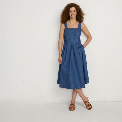 Women's Pleated Square Neck Light Weight Denim Midi Dress - primary
