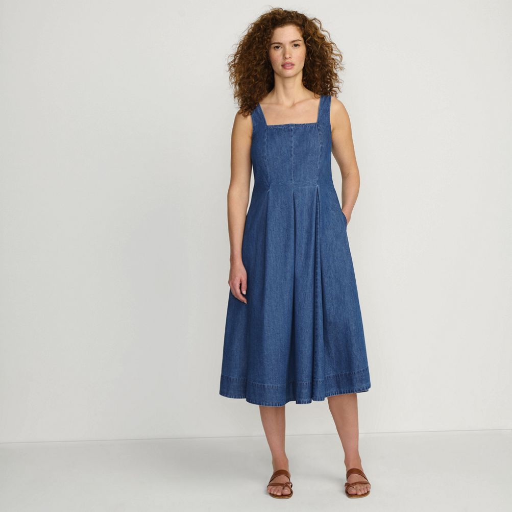 Women's Pleated Square Neck Light Weight Denim Midi Dress | Lands' End