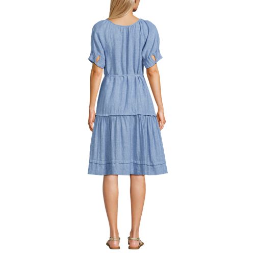 Women's Puff Sleeve Pleated Linen Knee Length Dress, Back
