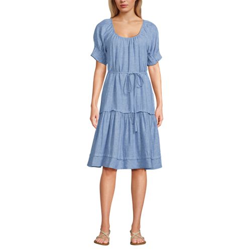 Women's Puff Sleeve Pleated Linen Knee Length Dress, Front