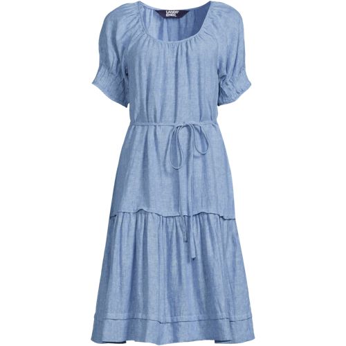 Women's Puff Sleeve Pleated Linen Knee Length Dress, Front