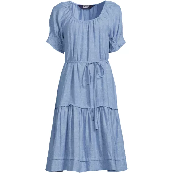 Women's Plus Size Puff Sleeve Pleated Linen Knee Length Dress - primary