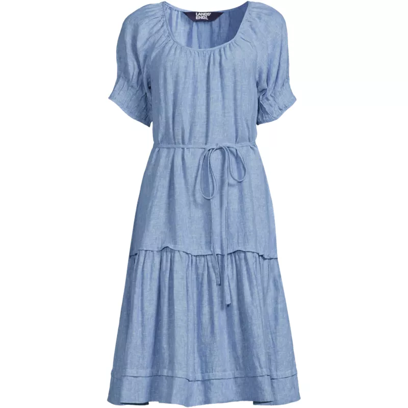 Women's Plus Size Puff Sleeve Pleated Linen Knee Length Dress, Front