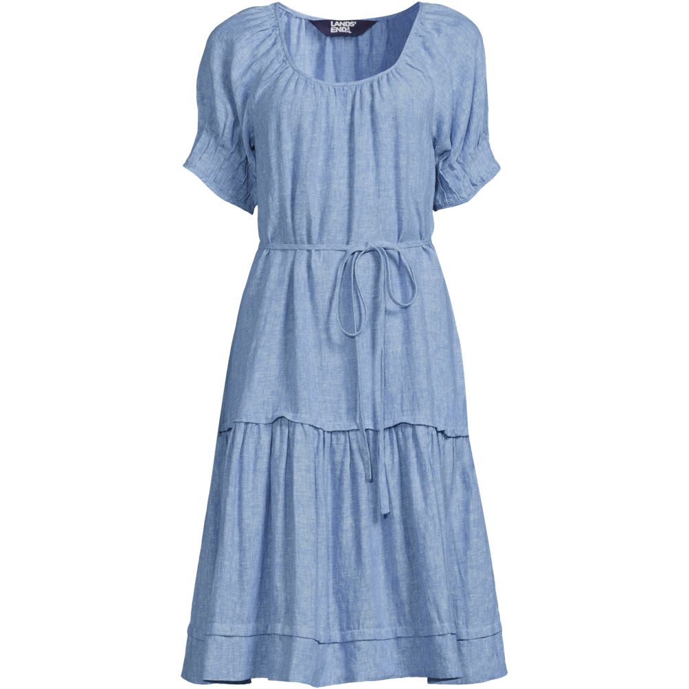Women's Puff Sleeve Pleated Linen Knee Length Dress | Lands' End