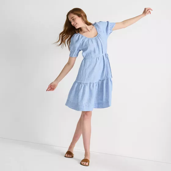 Women's Puff Sleeve Pleated Linen Knee Length Dress - primary