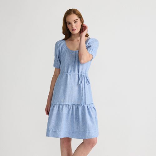 Women's Puff Sleeve Pleated Linen Knee Length Dress, Front