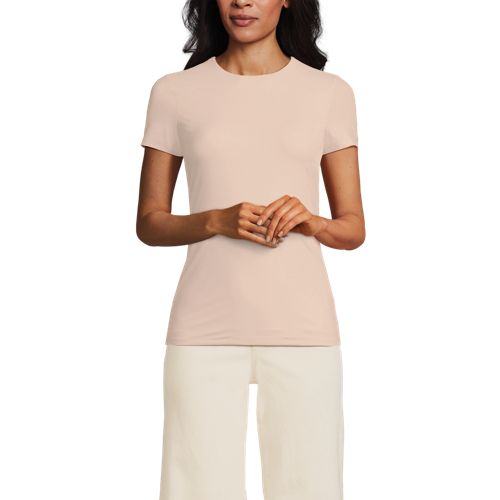 Womens Short Sleeve Tugless Double Layer Crew Neck Knit Top, Front