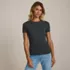 Womens Short Sleeve Tugless Double Layer Crew Neck Knit Top, Front