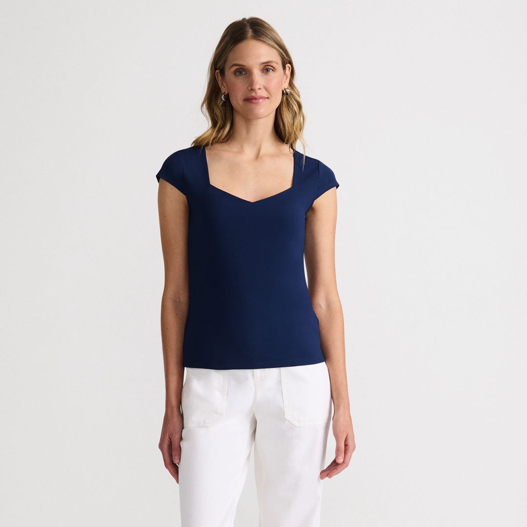 Women's Cap Sleeve Tugless Double Layer Sweetheart Knit Top