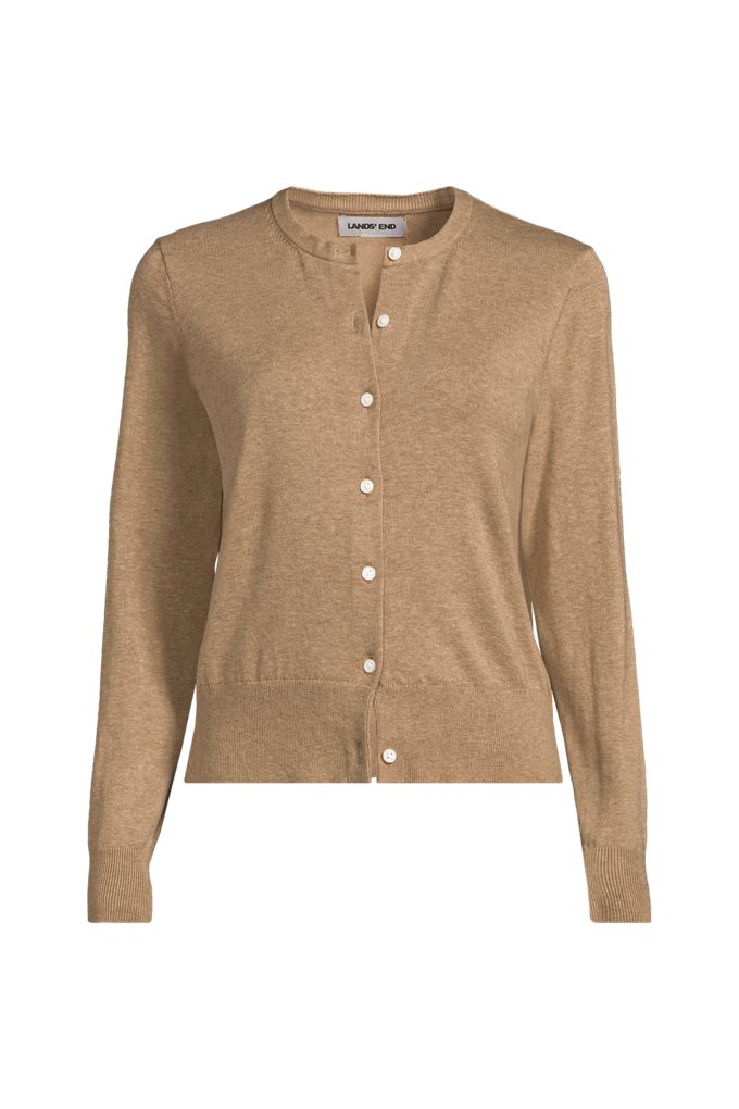 Women's Fine Gauge Cotton Crew Cardigan Sweater - Lands' End - Brown - L