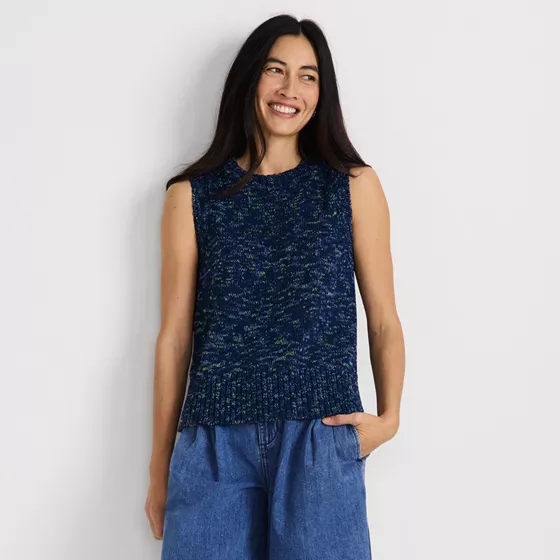 Women's Cotton Tweed Textured Crewneck Vest Sweater - primary