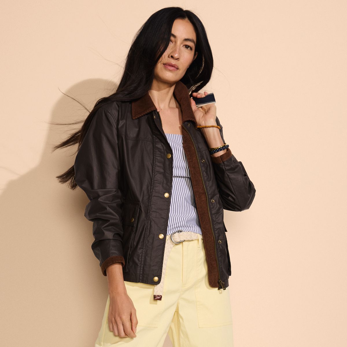 Lands End waxed cotton barn jacket in chocolate with corduroy collar
