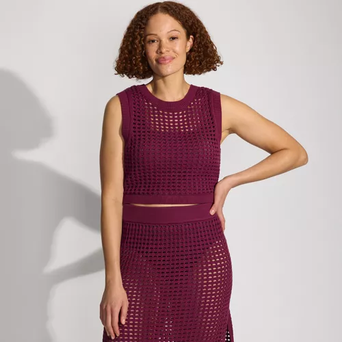 Women's Cotton Viscose Open Knit Sleeveless Scoop Neck Top Cover Up, Front