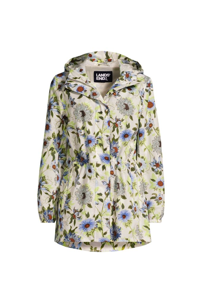 Lands' End Women's Plus Size Print Waterproof Hooded Packable Raincoat In Ivory