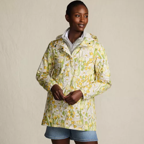 Women's Print Waterproof Hooded Packable Raincoat, Front