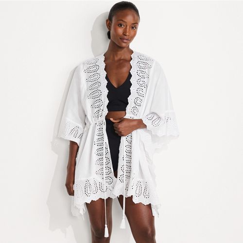 Women's Cotton Eyelet Tie Kimono Cover-Up