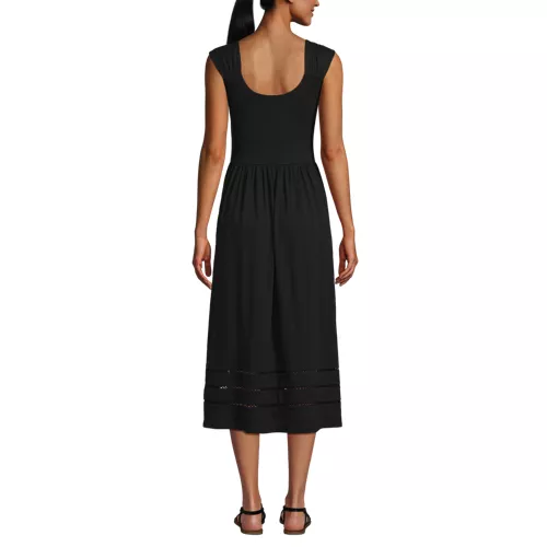 Women's Slub Cap Sleeve Shirred Skirt Midi Dress, Back
