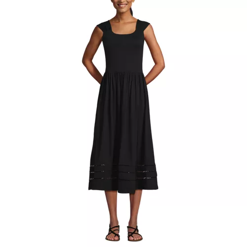 Women's Slub Cap Sleeve Shirred Skirt Midi Dress, Front