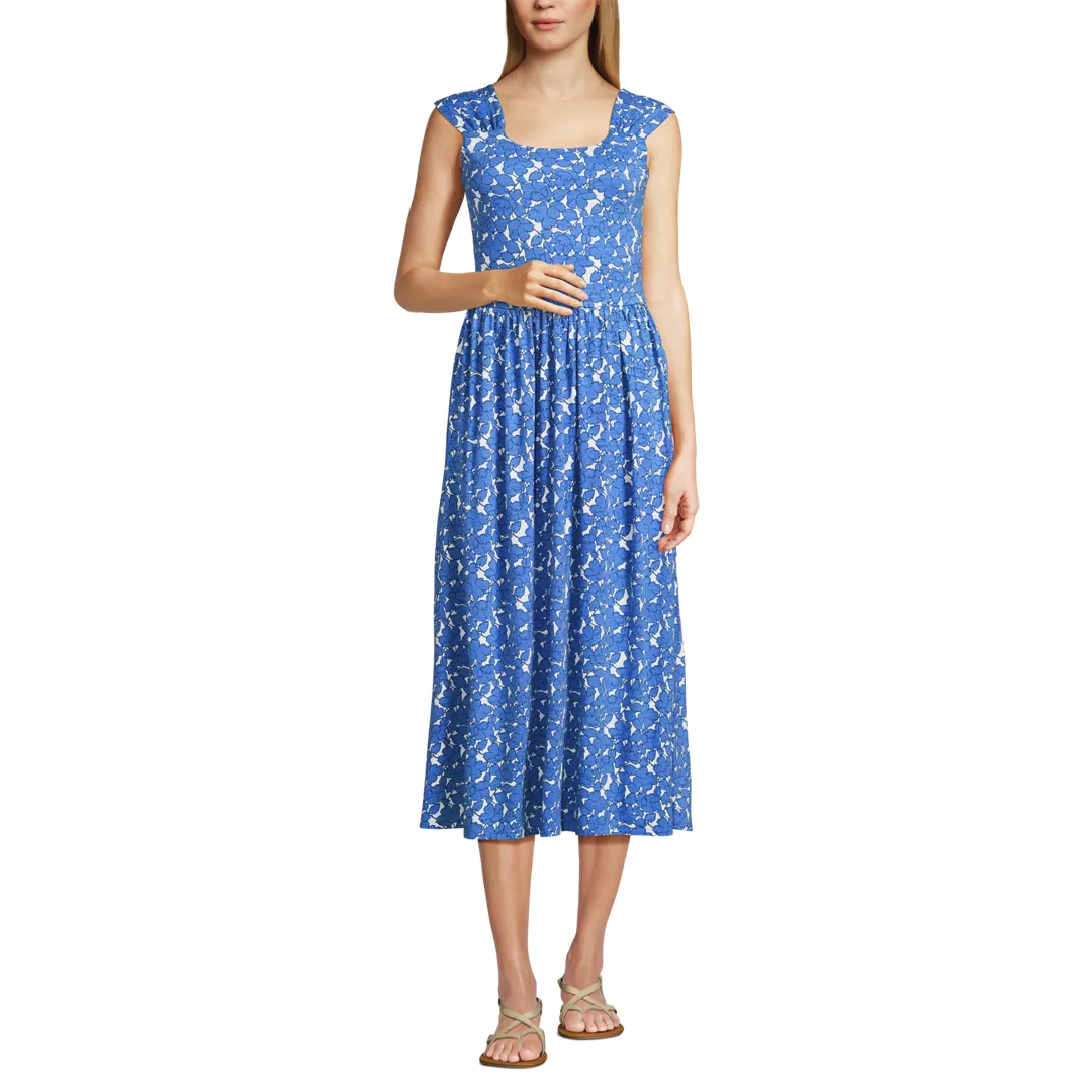 Women's Slub Cap Sleeve Shirred Skirt Midi Dress