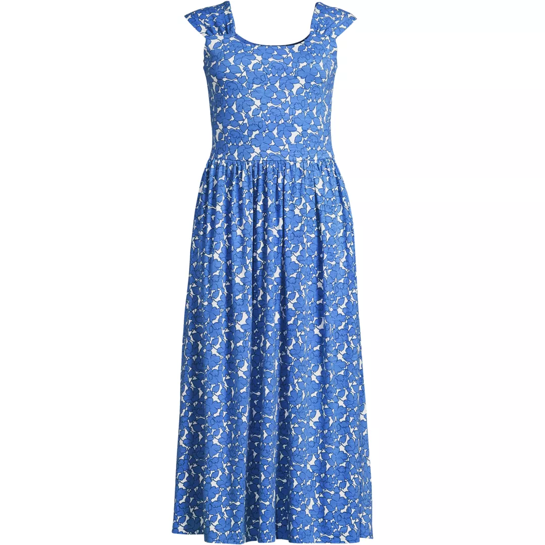 Women's Slub Cap Sleeve Shirred Skirt Midi Dress