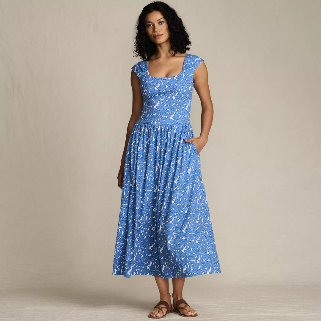 Women's Slub Cap Sleeve Shirred Skirt Midi Dress