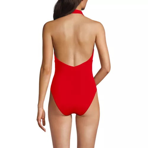 Women's SlenderSuit Halter Ruched Plunge High Leg One Piece Swimsuit, Back