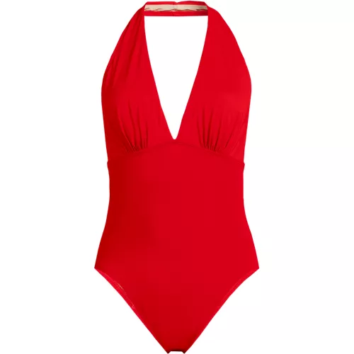 Women's SlenderSuit Halter Ruched Plunge High Leg One Piece Swimsuit, Front