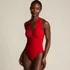 Women's SlenderSuit Halter Ruched Plunge High Leg One Piece Swimsuit, Front