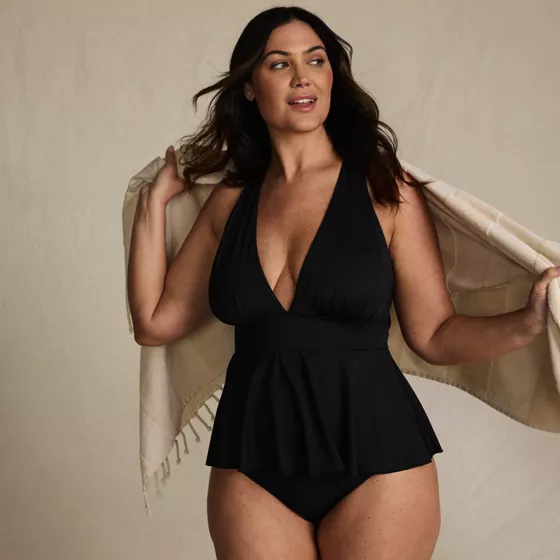 Women's SlenderSuit Plunge Ruched X-Back Ruffle Fauxkini One Piece Swimsuit - primary