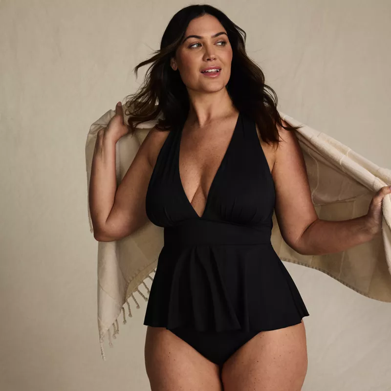 Women's Plus Size SlenderSuit Plunge Ruched X-Back Ruffle Fauxkini One Piece Swimsuit, alternative image
