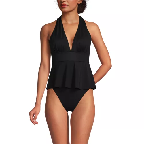 Women's SlenderSuit Plunge Ruched X-Back Ruffle Fauxkini One Piece Swimsuit, Front