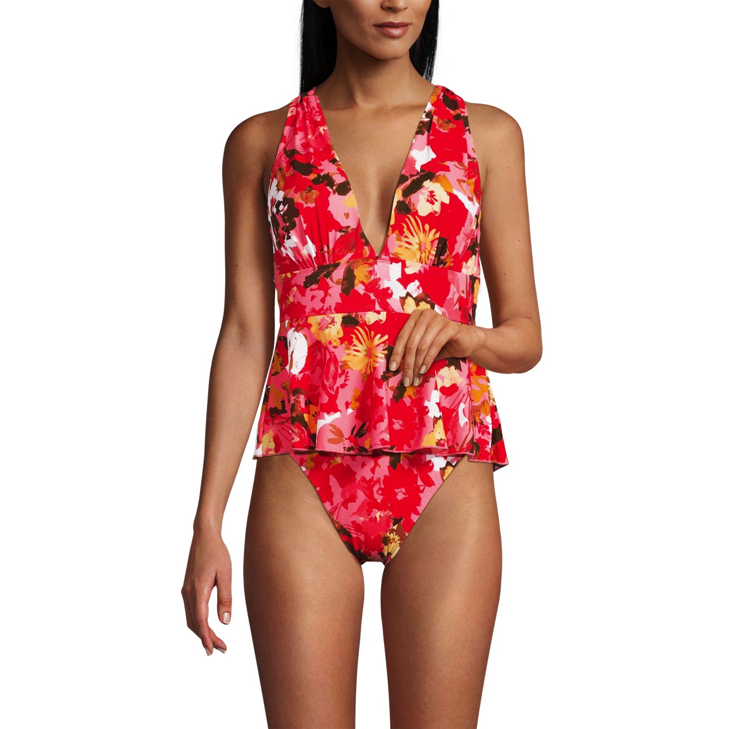 Women's SlenderSuit Plunge Ruched X-Back Ruffle Fauxkini One Piece Swimsuit