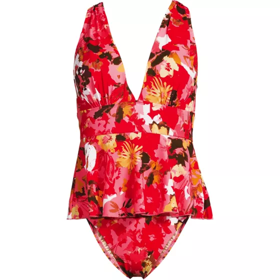 Women's SlenderSuit Plunge Ruched X-Back Ruffle Fauxkini One Piece Swimsuit - primary
