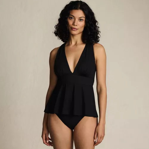 Women's SlenderSuit Plunge Ruched X-Back Ruffle Fauxkini One Piece Swimsuit, Front
