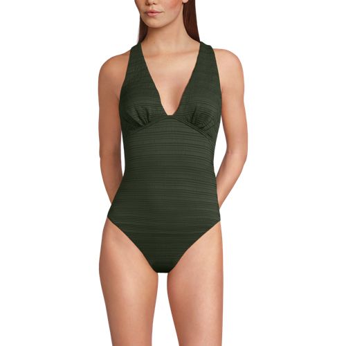  Lands' End Seersucker-badeanzug Mit V-ausschnitt Und Extrahohem Bein, Damen, Größe:38 Regular, Grün, Nylon-mischung, By Lands' End 
