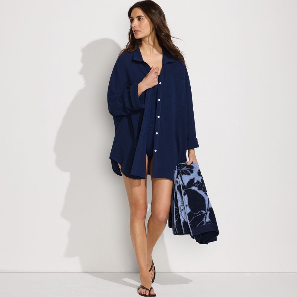 Women's Oversized Gauze Button Front Cover-Up Shirt | Lands' End