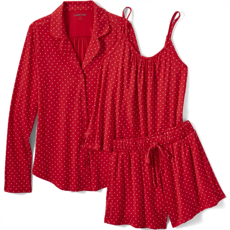 Women's Plus Size Cooling 3 Piece Pajama Set - Long Sleeve Top Cami and Shorts, Front