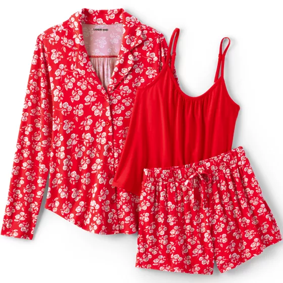 Women's Cooling 3 Piece Pajama Set - Long Sleeve Top Cami and Shorts - primary