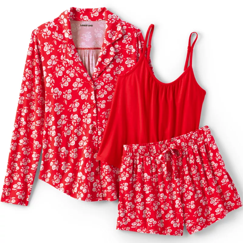 Women's Plus Size Cooling 3 Piece Pajama Set - Long Sleeve Top Cami and Shorts, Front