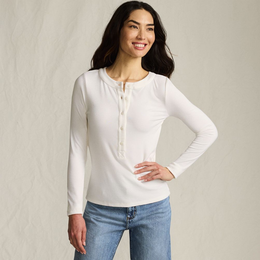 売れ筋商品|||ランズエンド カットソー トップス レディース Women's Drapey Rib Skimming Long Sleeve Henley T-Shirt Fresh ivory Women's Drapey Rib Skimming Long Sleeve Henley T-Shirt