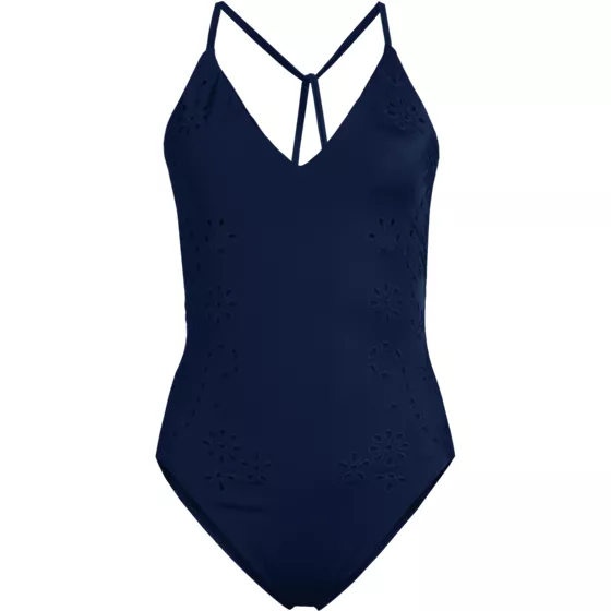 Women's Laser Cut Embroidered Plunge Tie Back Ultra High Leg One Piece Swimsuit - primary