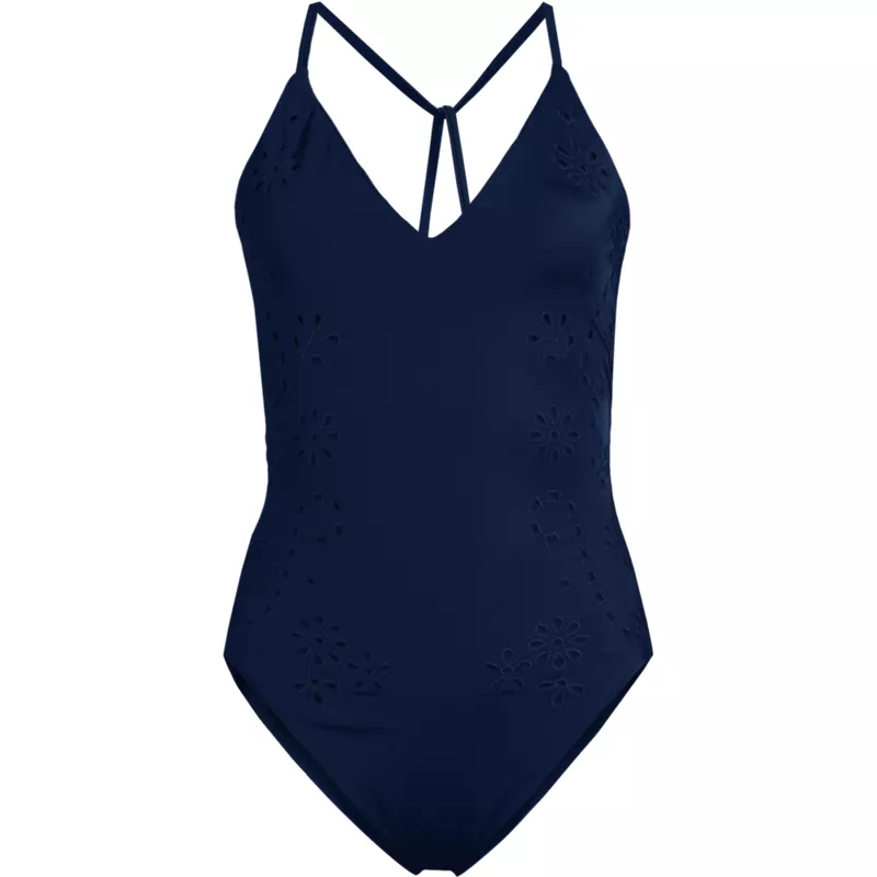 Women's Laser Cut Embroidered Plunge Tie Back Ultra High Leg One Piece Swimsuit, Front