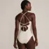 Women's Laser Cut Embroidered Plunge Tie Back Ultra High Leg One Piece Swimsuit, Back