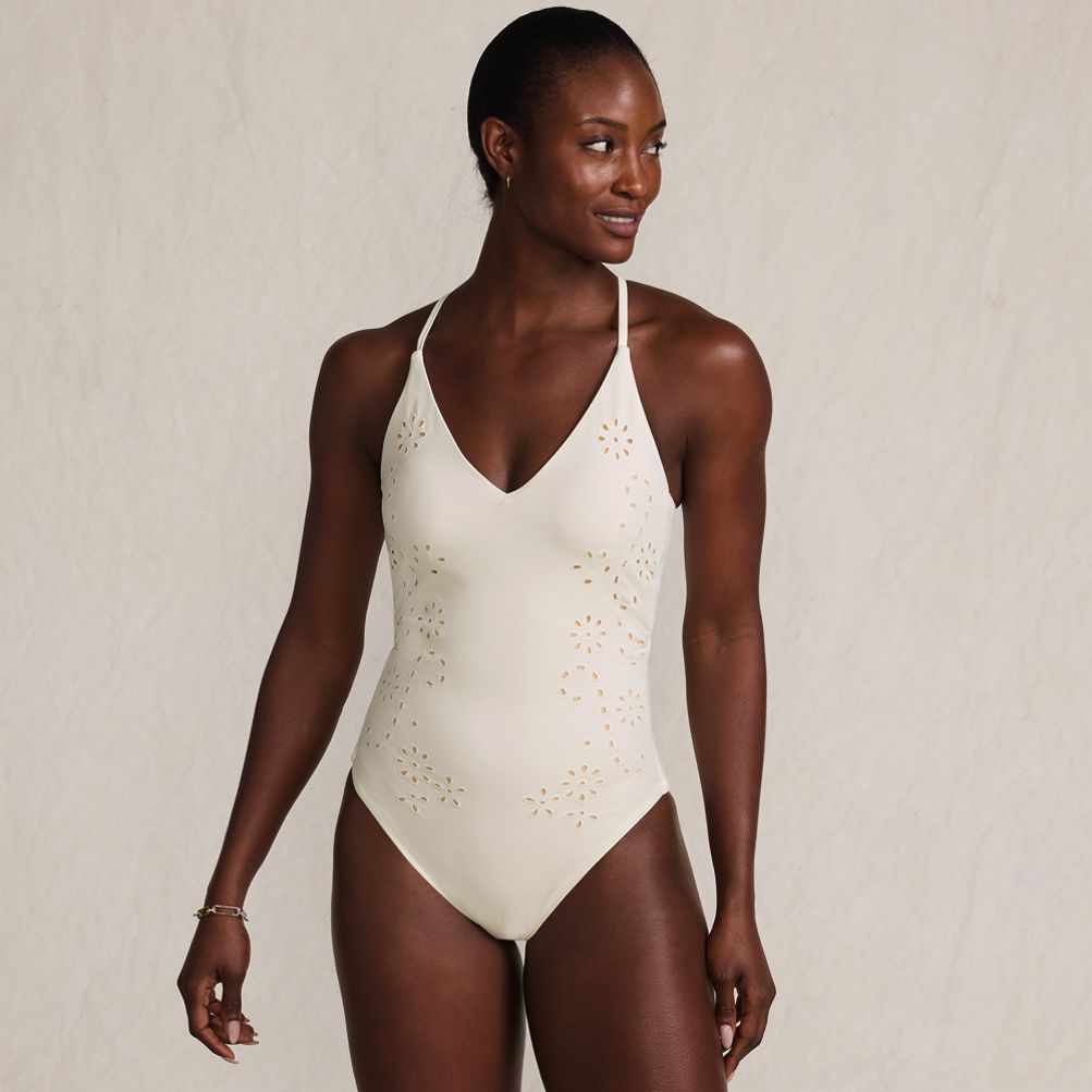 Women's Laser Cut Embroidered Plunge Tie Back Ultra High Leg One