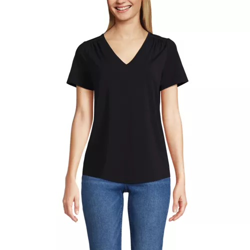 Women's Short Sleeve Lightweight Jersey Gathered Shoulder T-Shirt, Front