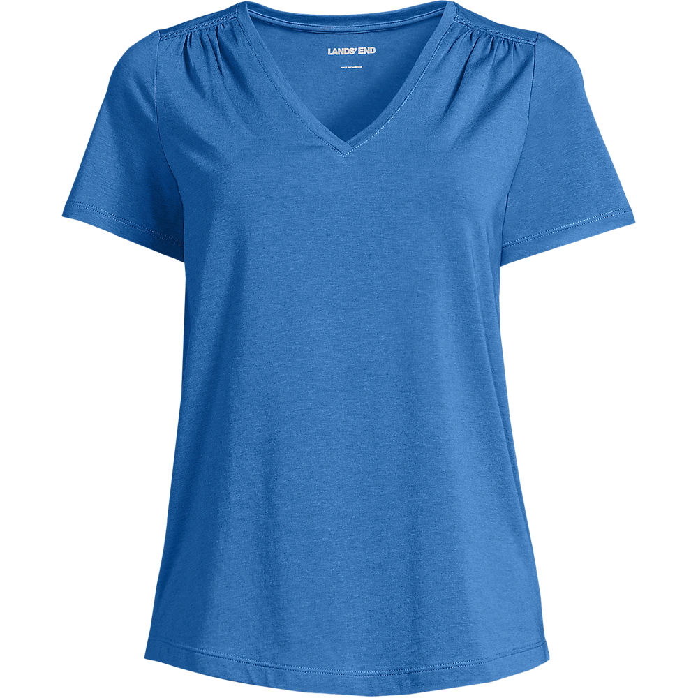 Cotton Modal V-neck Top With Lace Trim, Women, size: S, regular, Blue, Spandex/Cotton-blend/Cotton Modal, by Lands' End