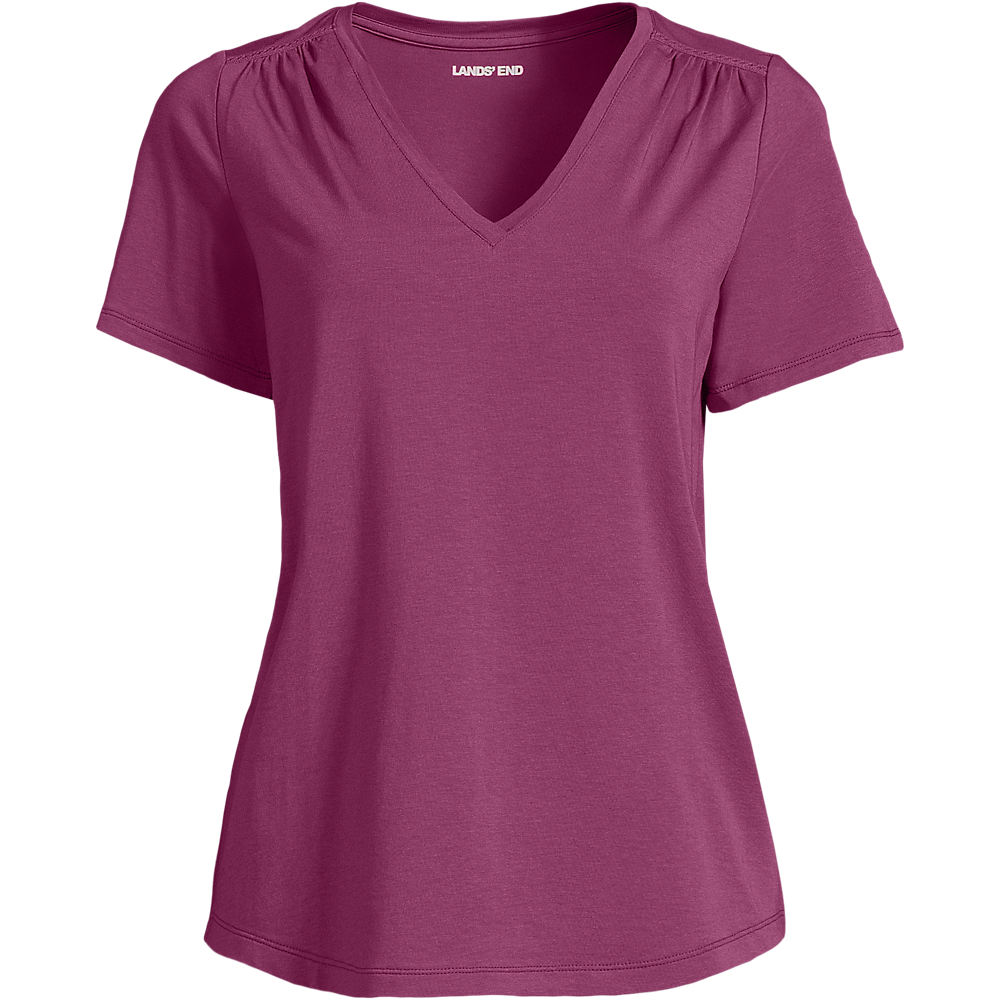 Cotton Modal V-neck Top With Lace Trim, Women, size: S, regular, Red, Spandex/Cotton-blend/Cotton Modal, by Lands' End