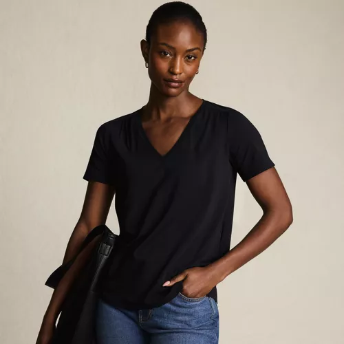 Women's Short Sleeve Lightweight Jersey Gathered Shoulder T-Shirt, alternative image